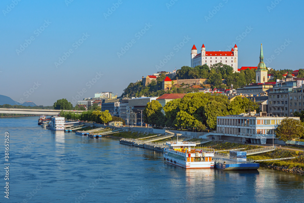 Bratislava castle over Danube river and Bratislava old town, Slovakia