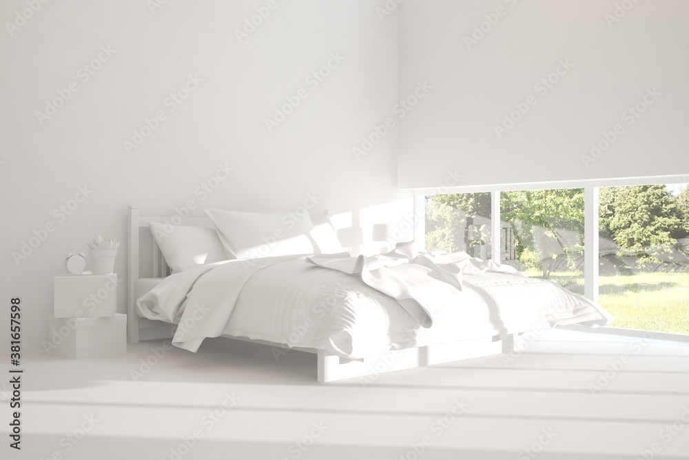 Modern bedroom in white color. Scandinavian interior design. 3D illustration