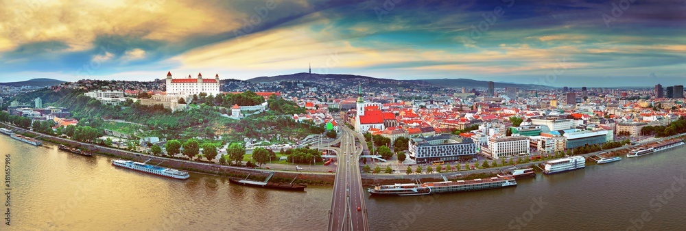 Bratislava castle over Danube river and Bratislava old town, Slovakia