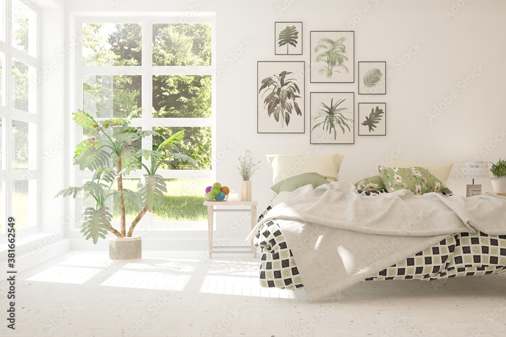 Stylish bedroom in white color with summer landscape in window. Scandinavian interior design. 3D ill