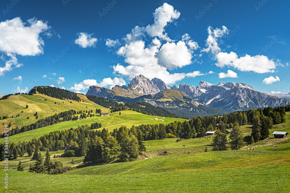 Famous Alpe di Siusi - Seiser Alm with Sassolungo - Langkofel mountain group in background at sunset