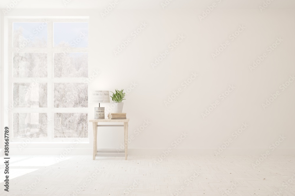 Mock up of empty room in white color with winter landscape in window. Scandinavian interior design. 