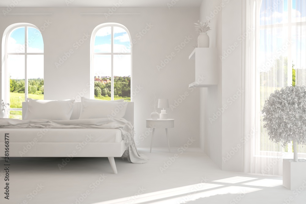 Stylish bedroom in white color with summer landscape in window. Scandinavian interior design. 3D ill