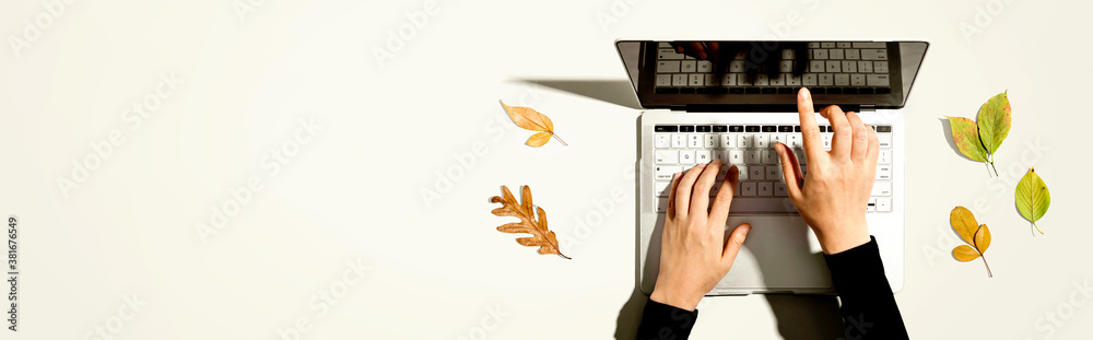 Autumn leaves with person using a laptop computer from above