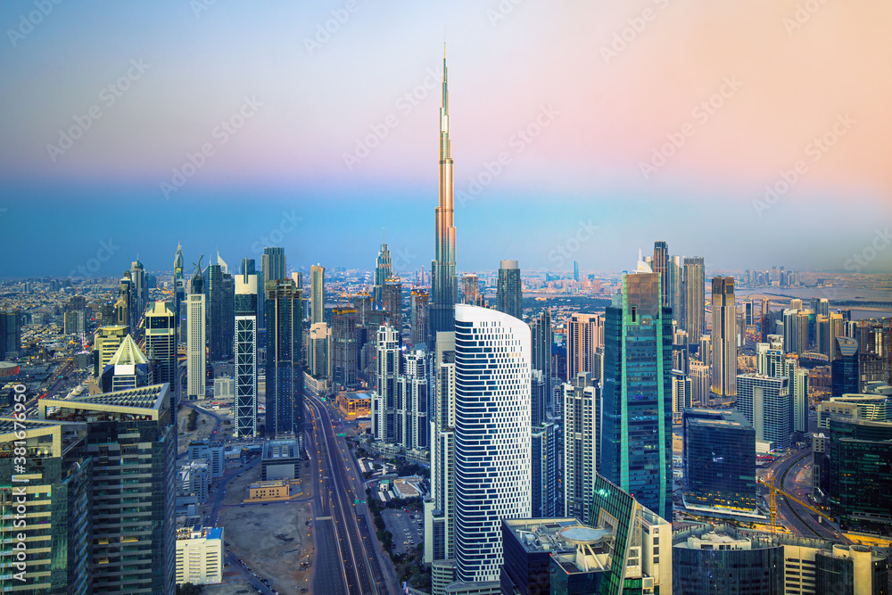 Dubai downtown, amazing city center skyline with luxury skyscrapers, United Arab Emirates