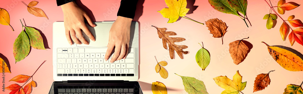 Autumn leaves with person using a laptop computer from above