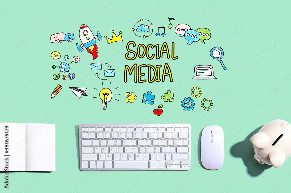 Social media with a computer keyboard and a piggy bank