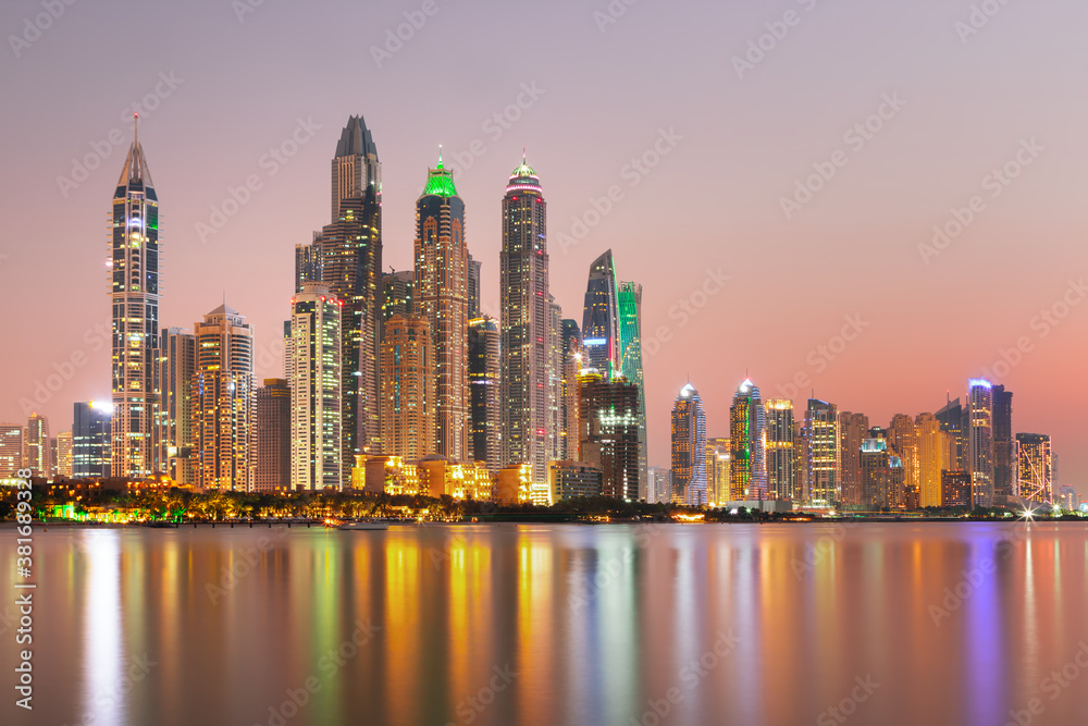 Amazing and Luxury Dubai Marina - famous Jumeirah beach at sunrise, United Arab Emirates
