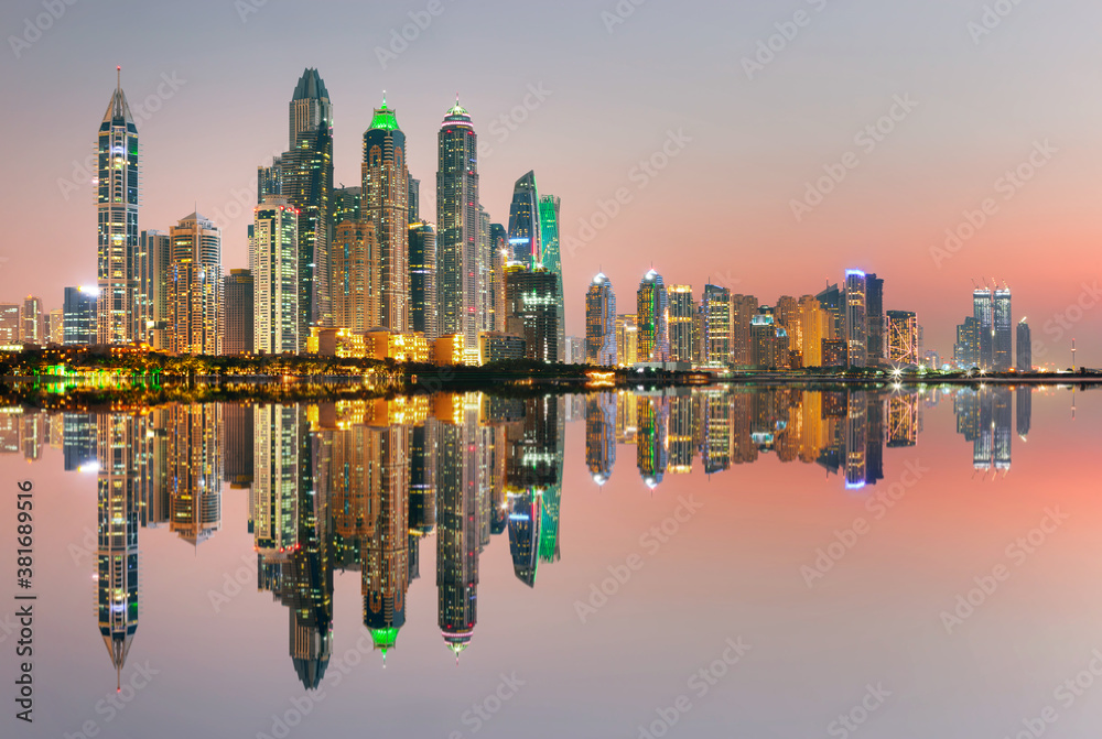 Amazing and Luxury Dubai Marina - famous Jumeirah beach at sunrise, United Arab Emirates
