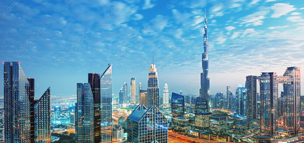 Dubai - amazing city skyline with luxury skyscrapers at sunset, United Arab Emirates