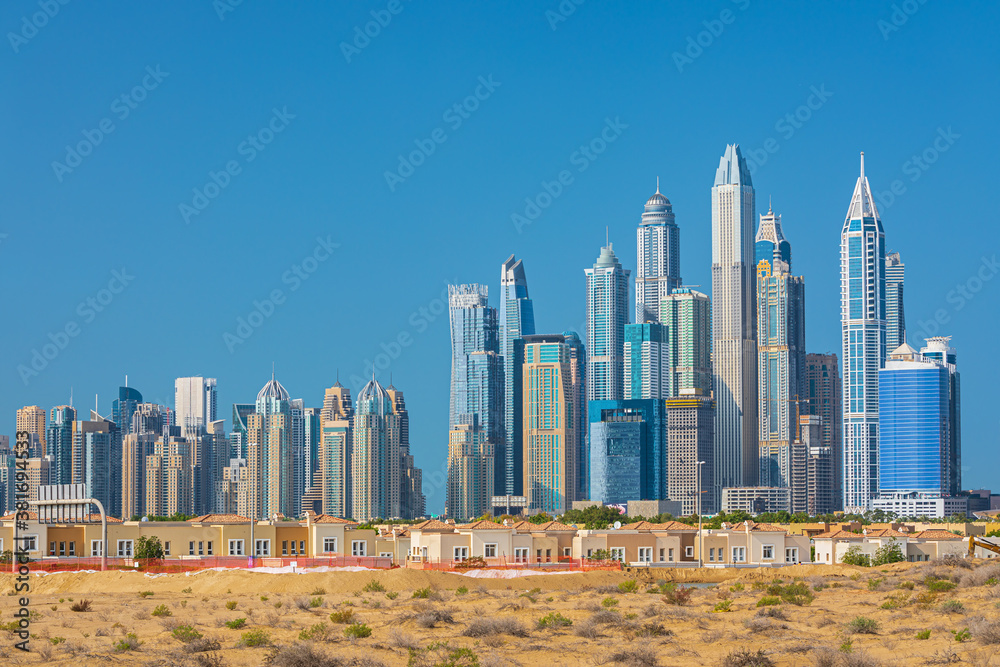 Dubai Marina skyline, yachts and famous promenade, United Arab Emirates