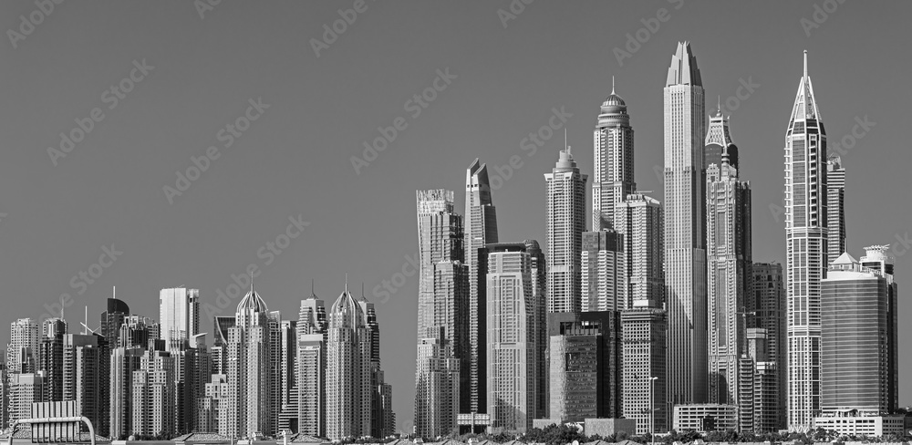 Dubai Marina skyline, yachts and famous promenade, United Arab Emirates