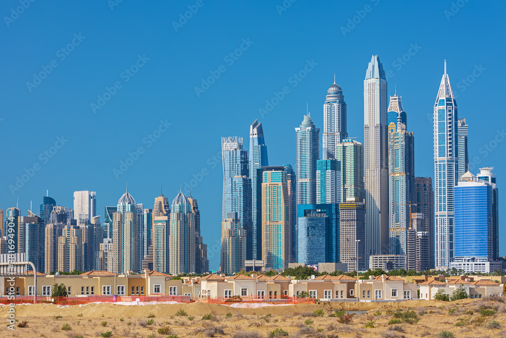 Dubai Marina skyline, yachts and famous promenade, United Arab Emirates