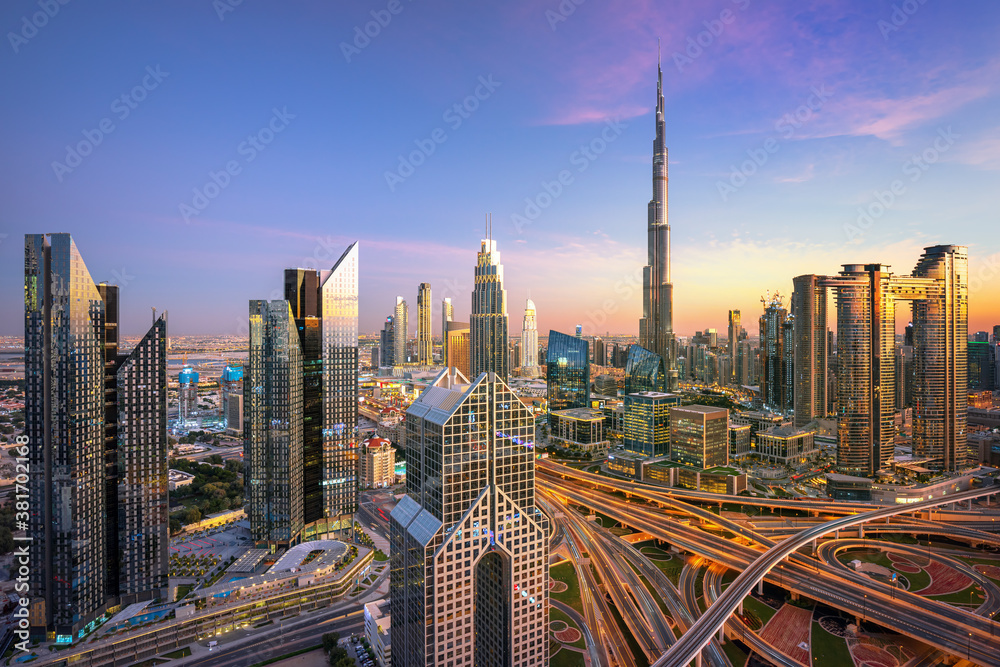 Dubai city center skyline with luxury skyscrapers, United Arab Emirates