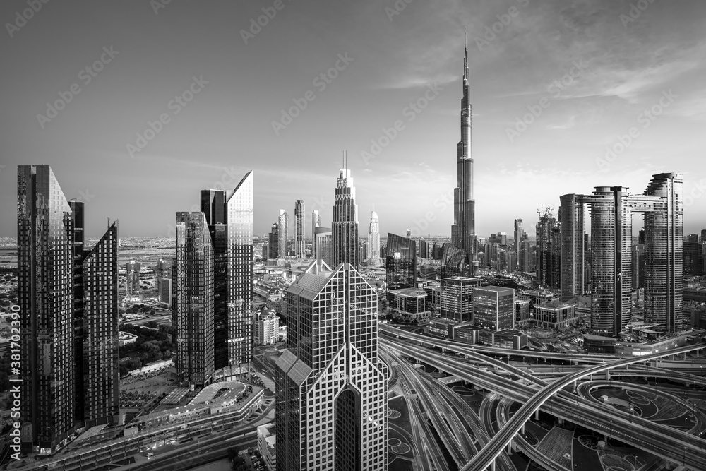 Dubai city center skyline with luxury skyscrapers, United Arab Emirates