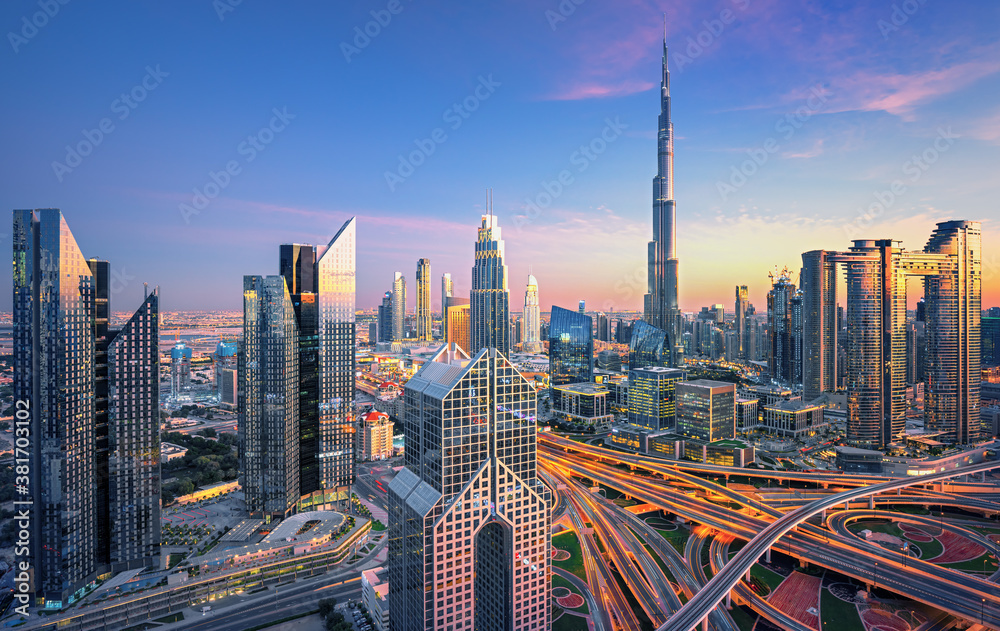 Dubai city center skyline with luxury skyscrapers, United Arab Emirates