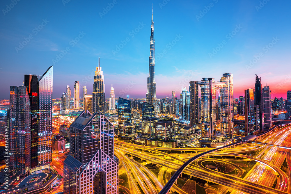 Dubai city center skyline with luxury skyscrapers, United Arab Emirates