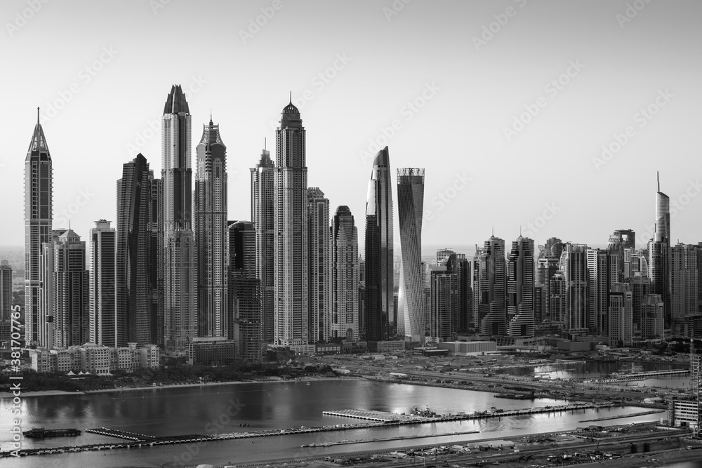 Modern and Luxury Dubai Marina - famous Jumeirah beach at sunrise, United Arab Emirates