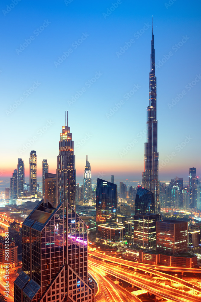 Dubai city center skyline with luxury skyscrapers, United Arab Emirates