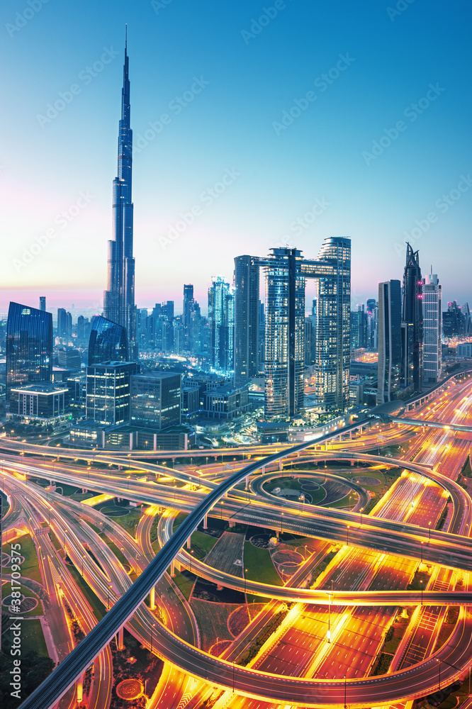 Dubai city center skyline with luxury skyscrapers, United Arab Emirates