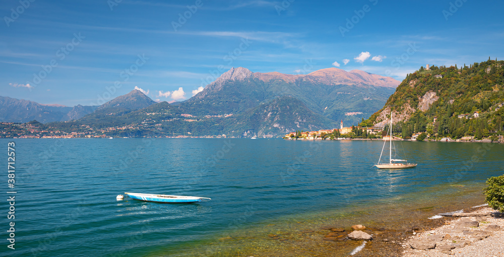 Scenic view on Verenna city in background and  Garda lake, Italy.