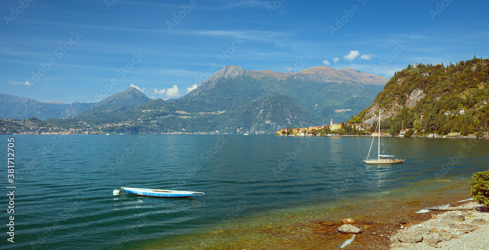 Scenic view on Verenna city in background and  Garda lake, Italy.