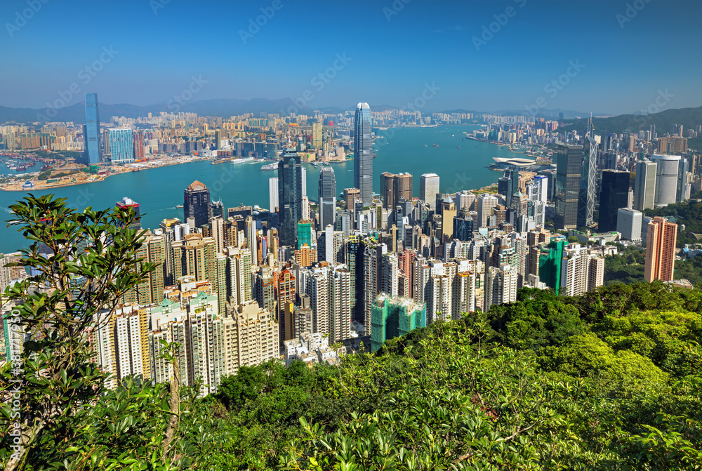 Hong Kong city - skyline from Victoria peak at sunrise, China
