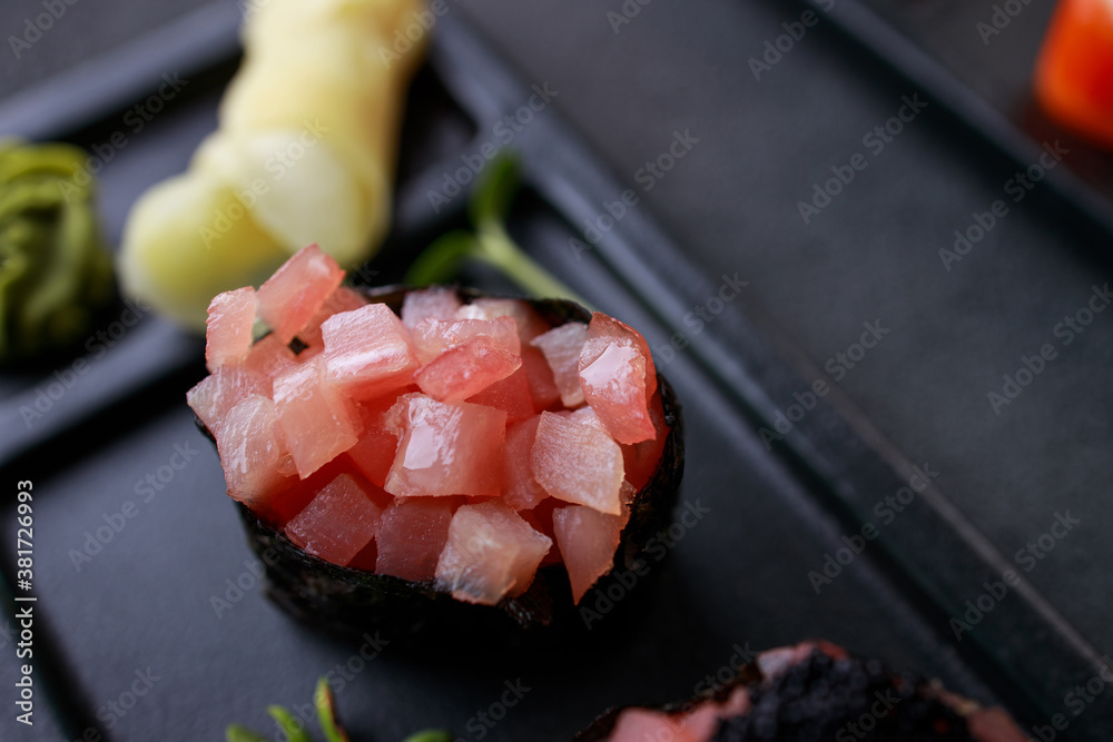 Tuna gunkan sushi set with caviar, Japanese food