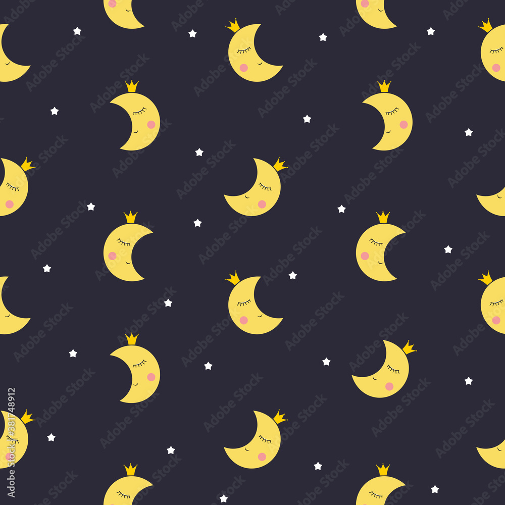 Cute Smiling moon seamless vector pattern background for babies, kids