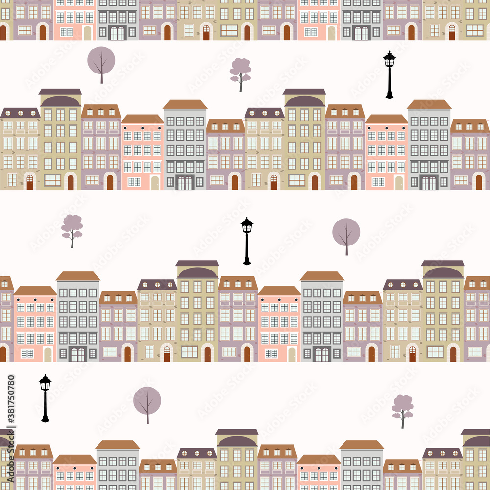 Cute Little Town seamless vector pattern for babies, kids