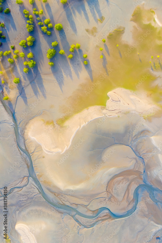 Aerial view of coast natural shape texture when low tide in Thailand