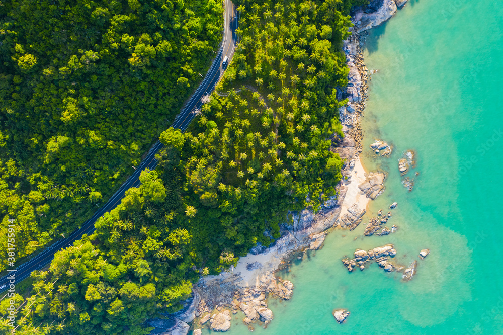 High angle view of  road pass through coconut tree forest and beautiful coastline in Khanom, Nakhon 