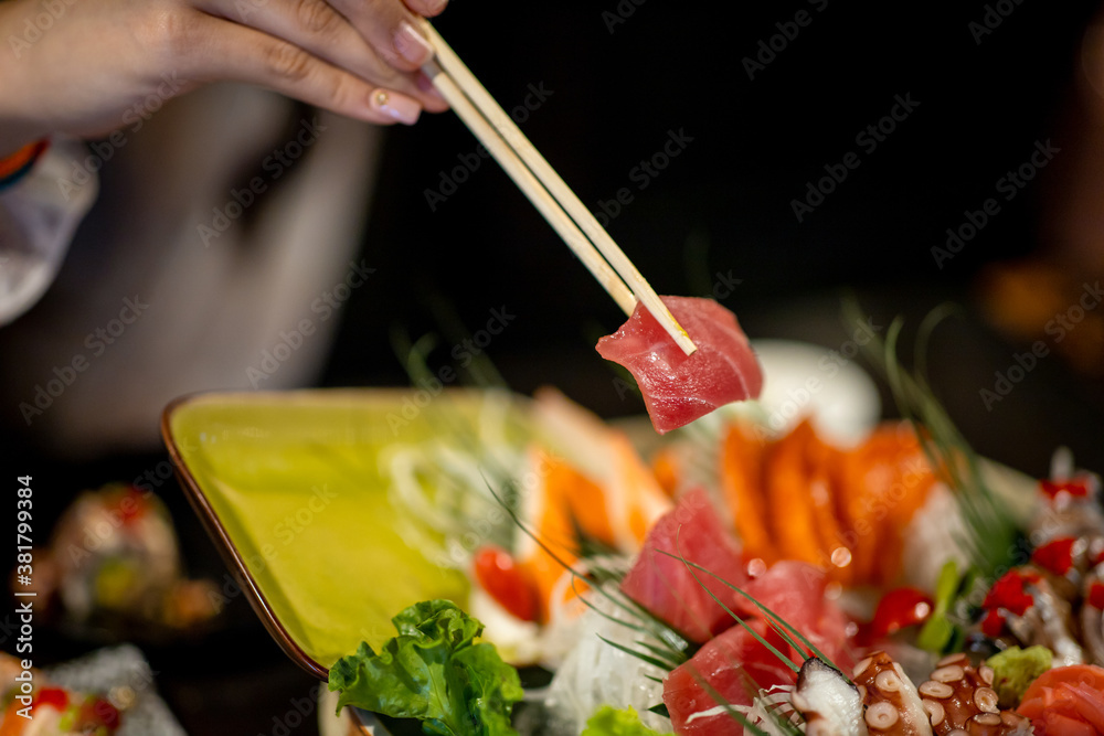 Sashimi set delicious on bowl in restaurants. Japanese food concept.