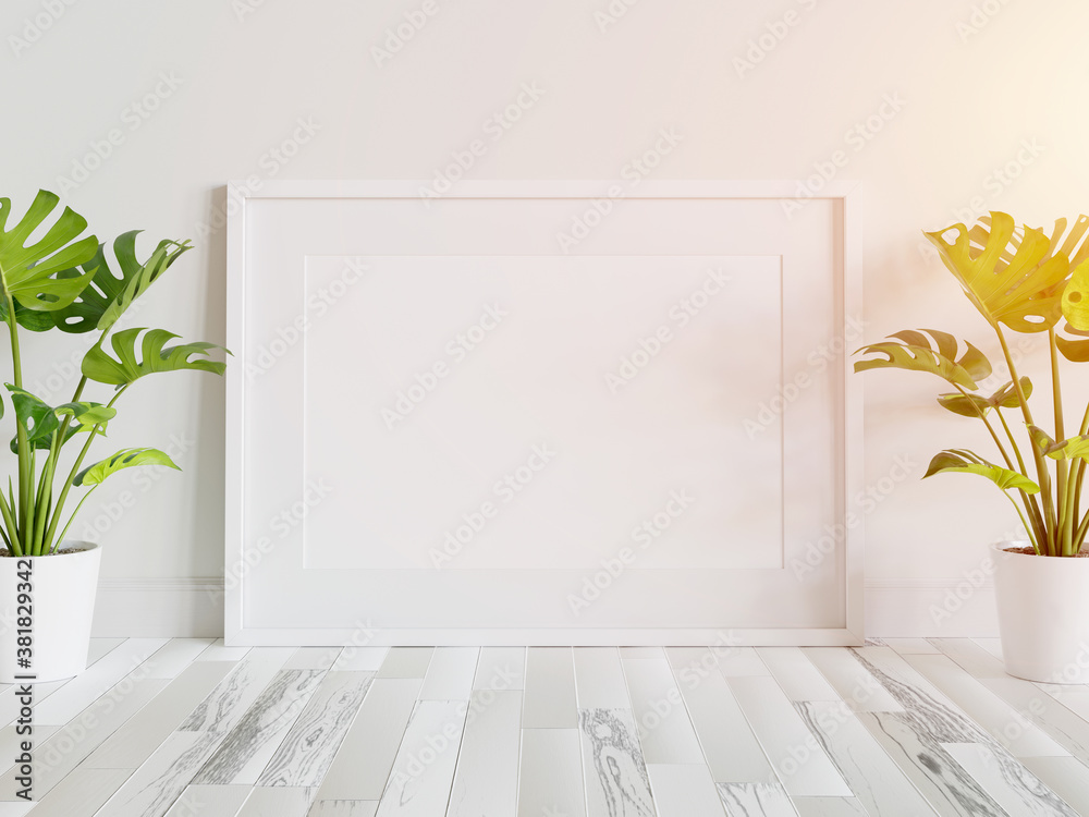 White frame leaning on floor in interior mockup. Template of a picture framed on a wall 3D rendering