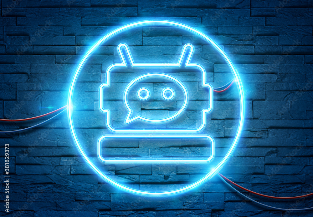 Chatbot neon icon illuminating a brick wall with blue and pink glowing light 3D rendering