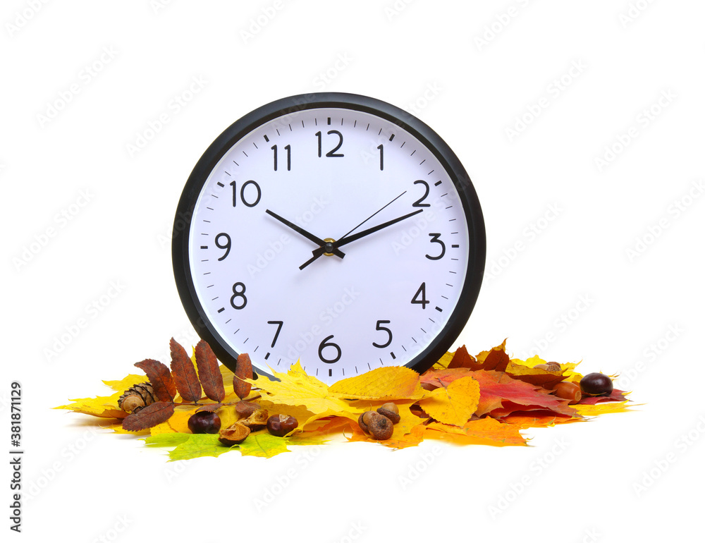 Autumn leaves and alarm clock isolated on white