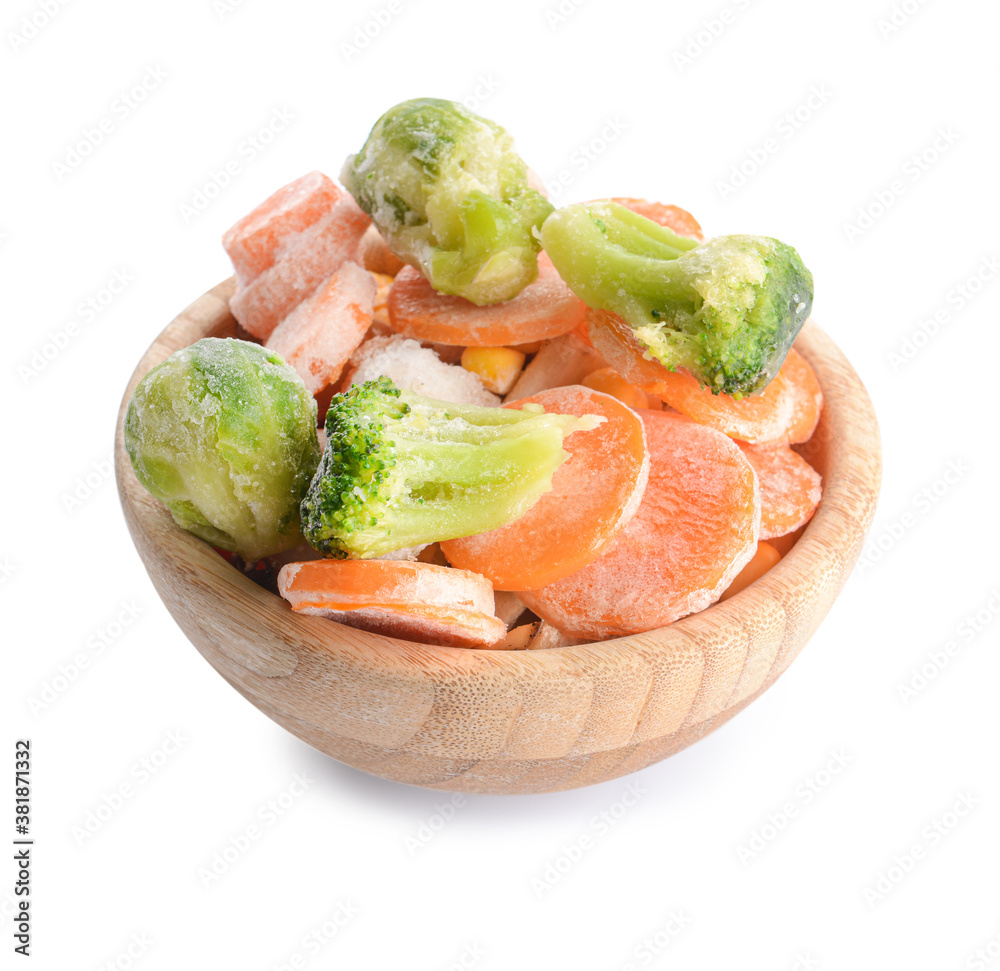 Mix of frozen vegetables in bowl on white background