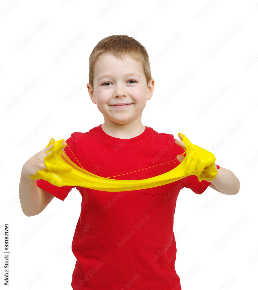 Litlle boy play with slime.