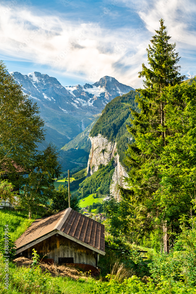 Panorama of the Lauterbrunnen valley from Wengen in the Swiss Alps