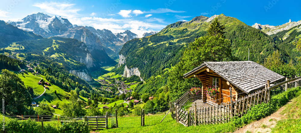 Panorama of the Lauterbrunnen valley from Wengen in the Swiss Alps