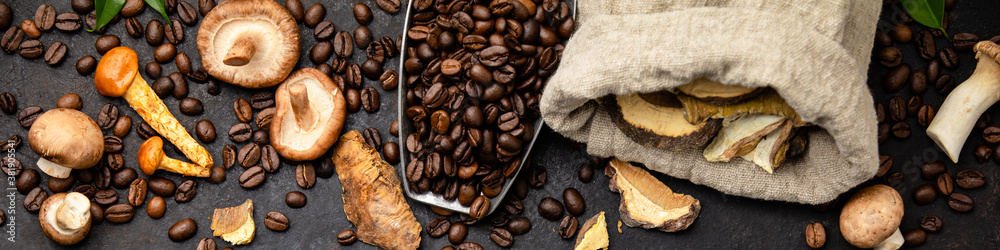 Mushroom Chaga Coffee Superfood Trend-dry and fresh mushrooms and coffee beans on dark background