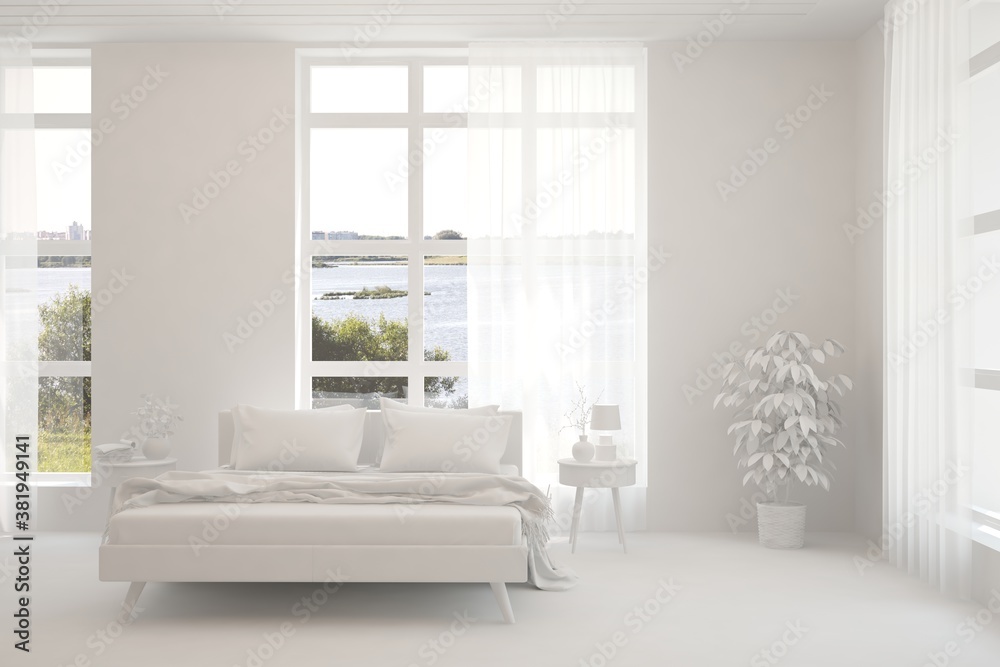 Modern bedroom in white color. Scandinavian interior design. 3D illustration