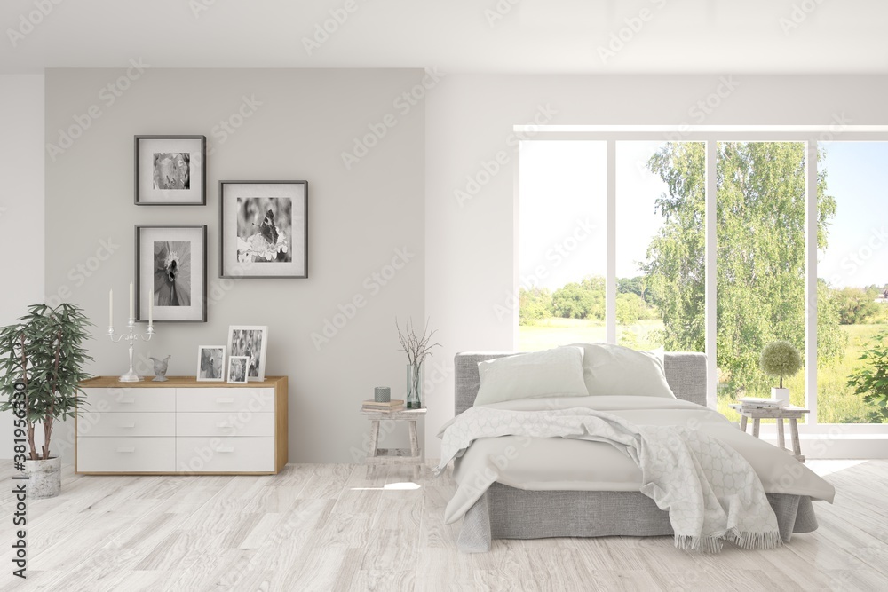 Stylish bedroom in white color with summer landscape in window. Scandinavian interior design. 3D ill