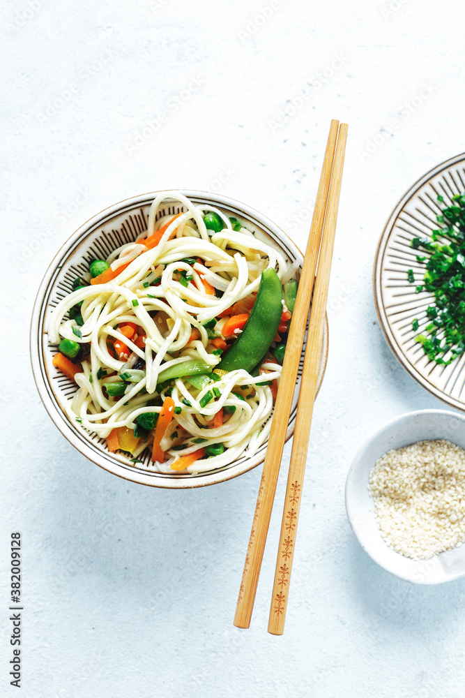 Vegan asian noodles served in bowl