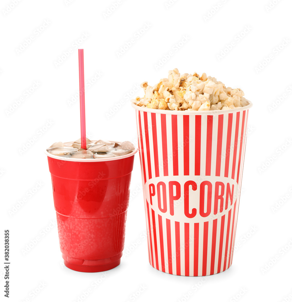 Tasty popcorn and cola on white background