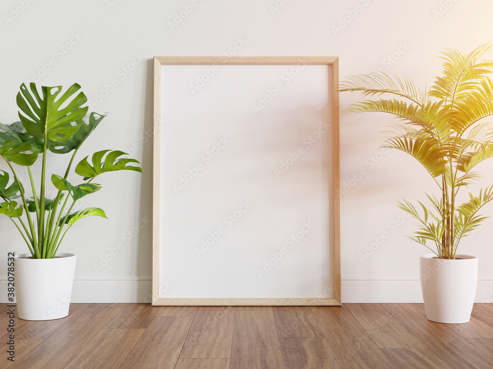 Wooden frame leaning on floor in interior mockup. Template of a picture framed on a wall 3D renderin