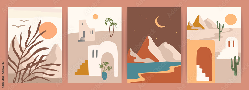 Collection of contemporary art prints with southern landscape. Mediterranean, North Africa. Modern v