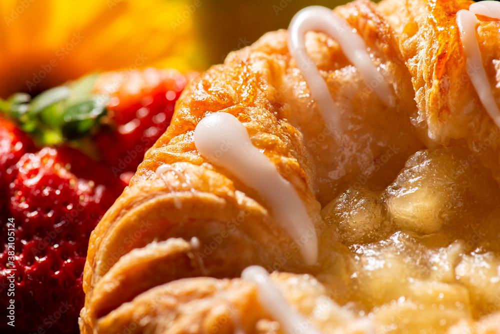 Detailed closeup macro photo of an Apple Danish Pastry, food background.