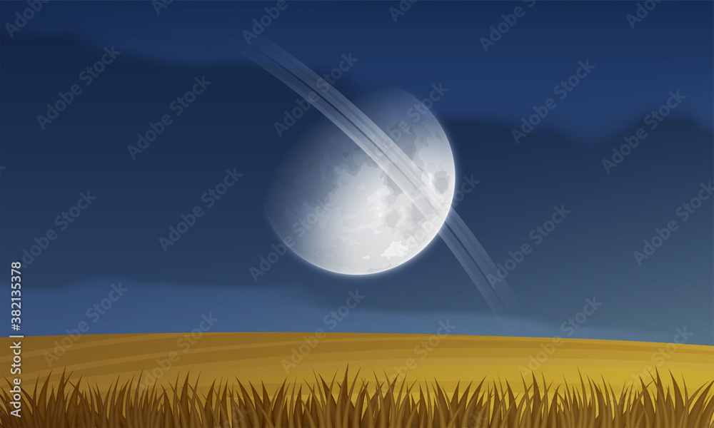 Alien fantasy landscape with white moon and planetary rings. Sci-Fi space background with alien plan