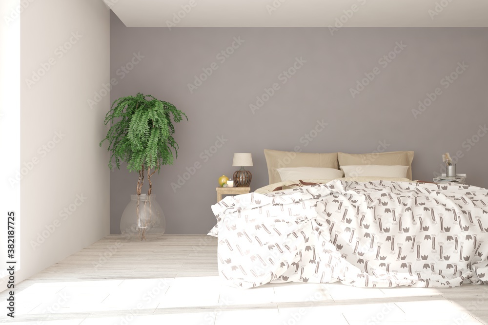 White bedroom interior. Scandinavian design. 3D illustration